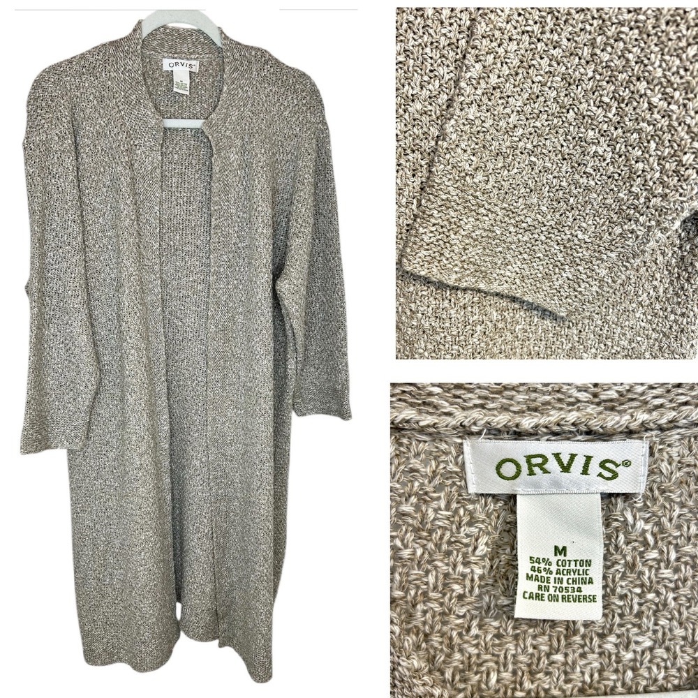 Orvis Duster Cardigan Sweater Medium M Beige Ivory Taupe Open Front Long Classic